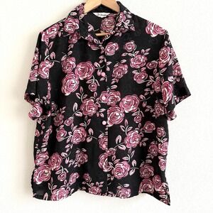 Vintage 80s Dark Floral Blouse Womens XXL Pink Sparkle Maximalism Casual Travel